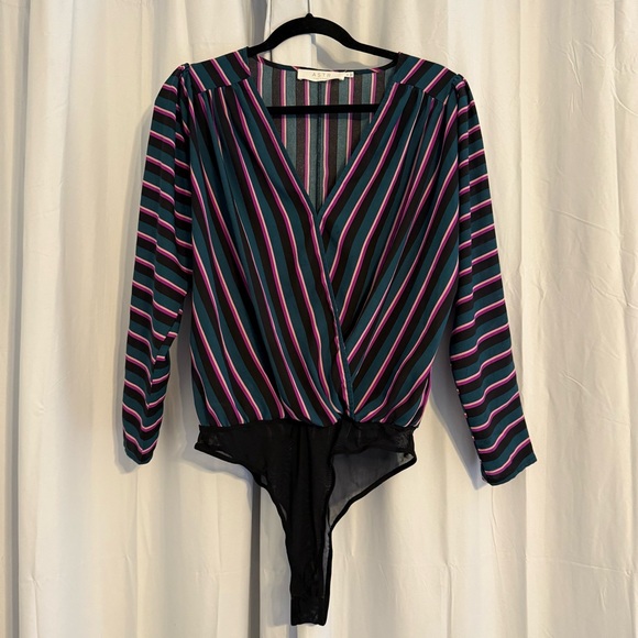 Astr Tops - ASTR The Label Striped Faux Wrap Surplice Bodysuit Long Sleeve Women’s Medium